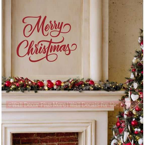 Merry Christmas Sticker - Holiday Vinyl Wall Art Decal - Winter Quote Decals for Walls - Christmas Quotes Wall Decor Removable Wall Lettering- 23x18- Inch, Red
