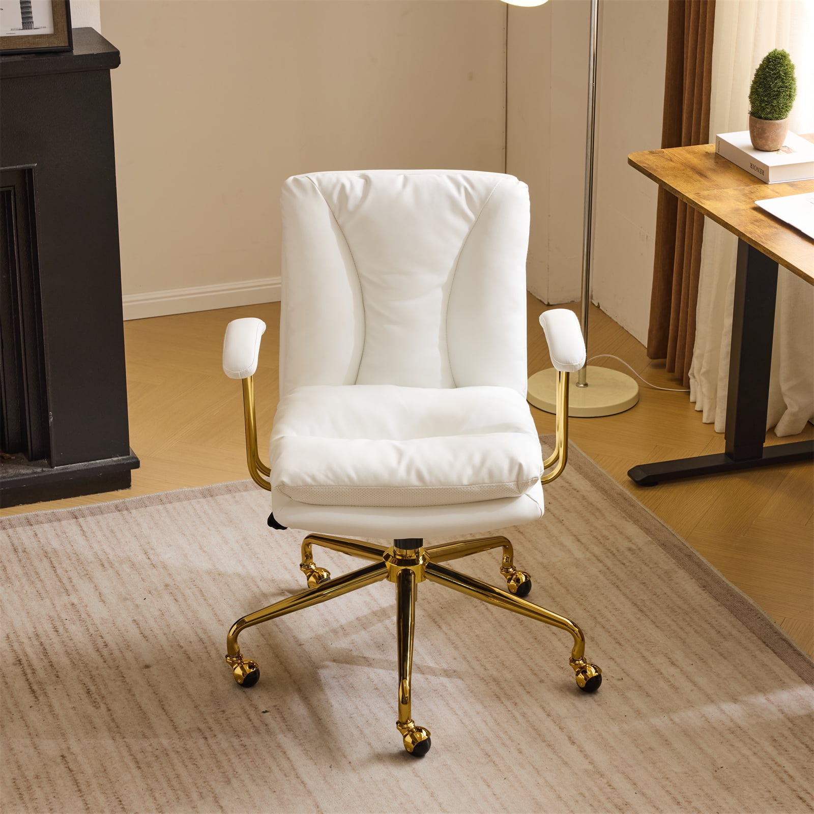 Ktaxon Office Chair High Back Study Chair PU Leather Adjustable Swivel Vanity Chair with Padded Armrests for Conference and Home White
