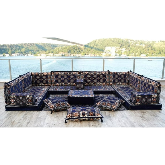 Arabic Floor Seating, U Shaped Sofa Bed, Diwan Sofa, Navy Blue Turkish Sofa, Floor Cushions, Modular Sofa, Arabic Majlis, Sofa Bed