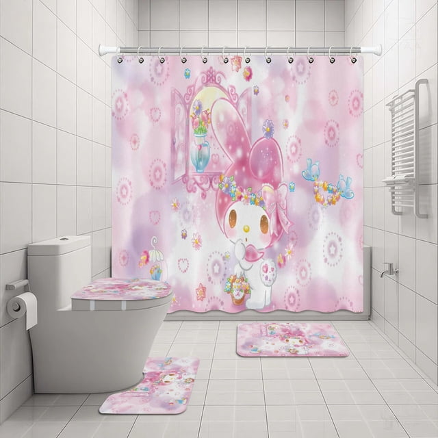 Hello Kitty Ensemble de Rideau de Douche Sanrio Impression Anime Imperméable Rideau de Douche Ensemble de Quatre Pièces Tapis Couvercle de Toilette en Forme de U LS