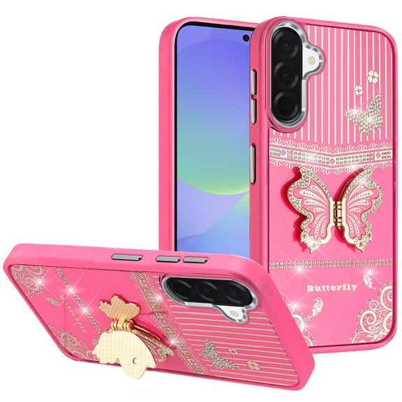 For Samsung Galaxy A36 / A56 Splendid Glitter Butterfly Design Stand with Metallic Edges Hybrid Case - Hot Pink