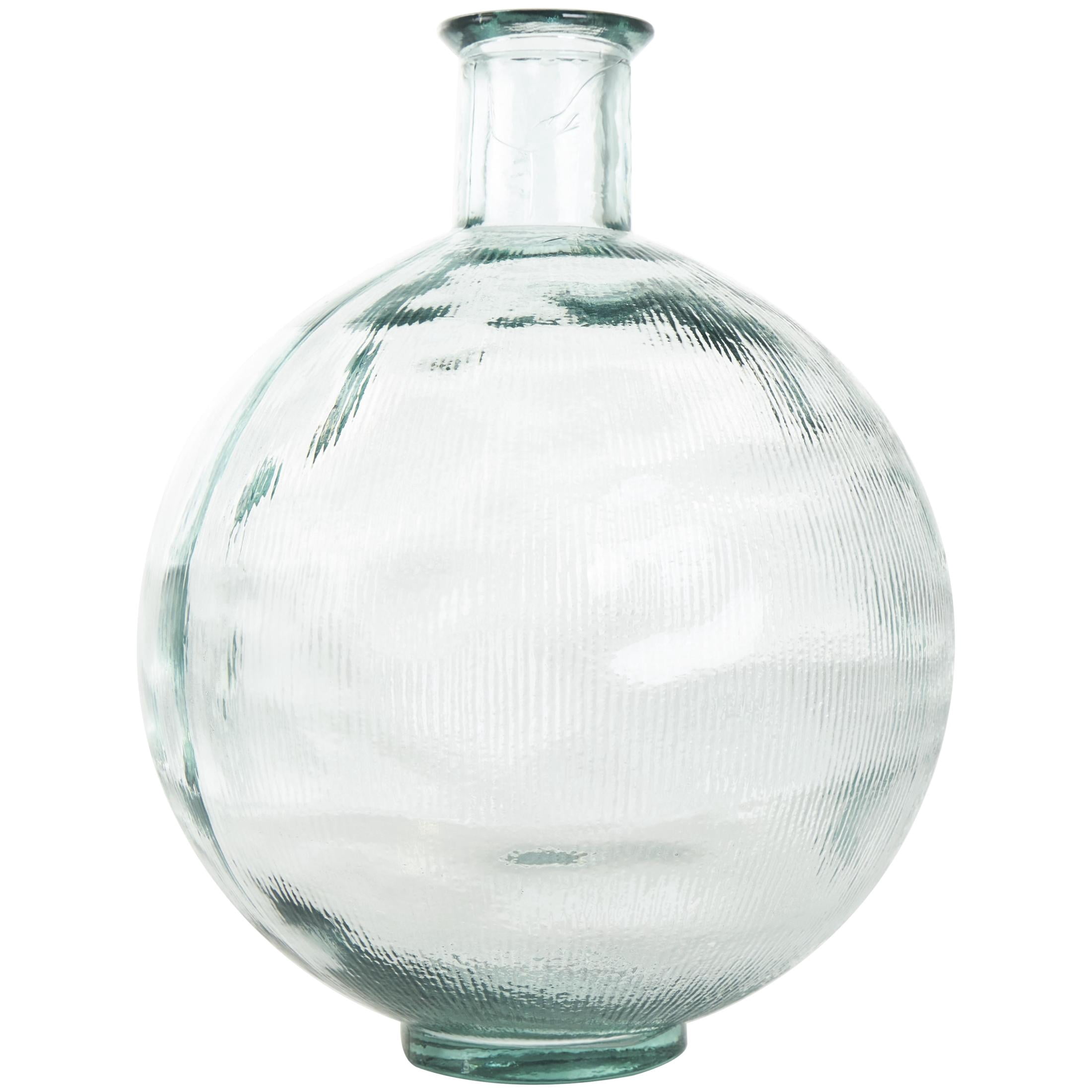 DecMode 17" Handmade Spanish Bottle Neck Ribbed Teal Recycled Glass Vase