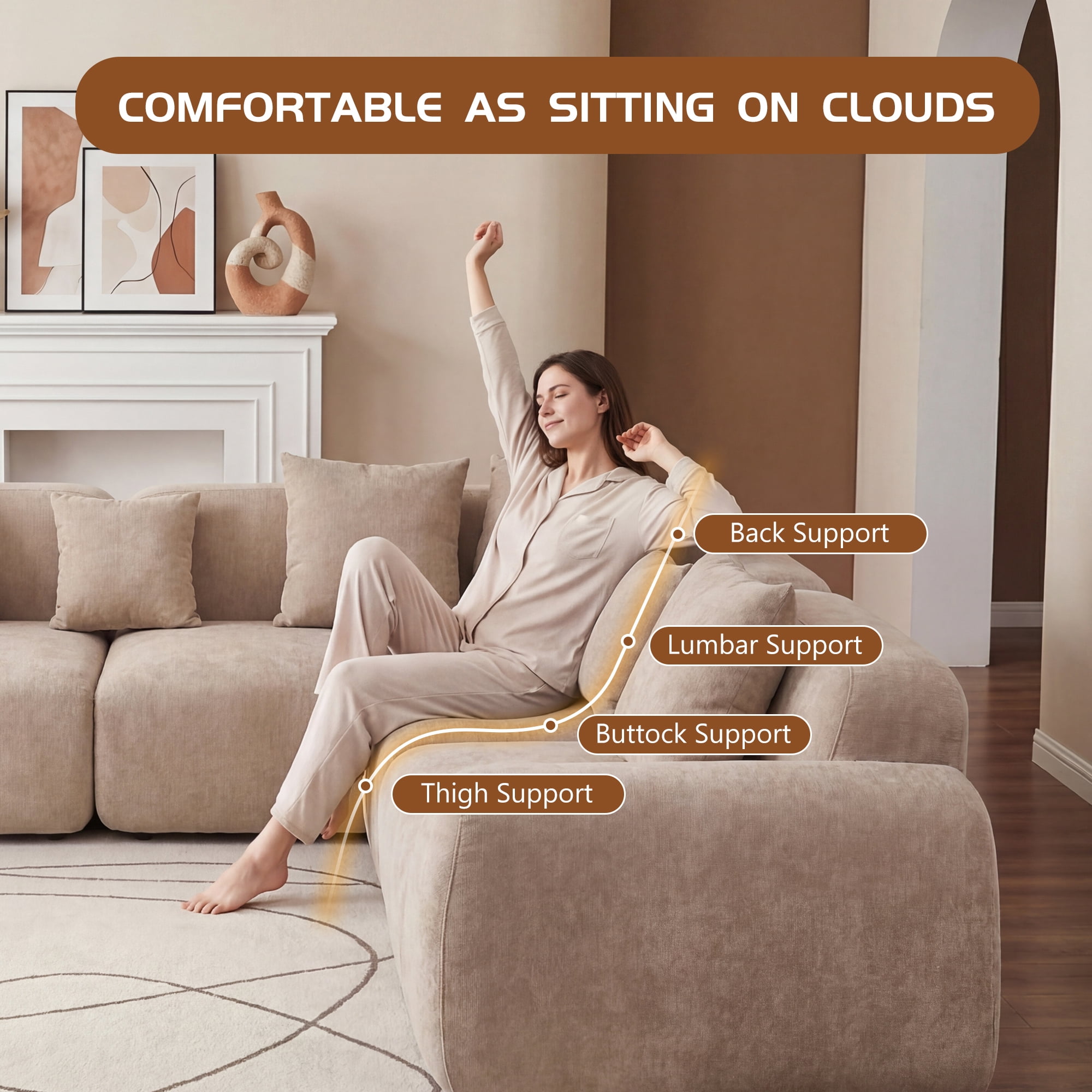 Leumius 116'' Cloud Modular Sectional Sofa,Upholstered Boneless Couch with Memory Foam for Living Room,No Assembly Required,Beige
