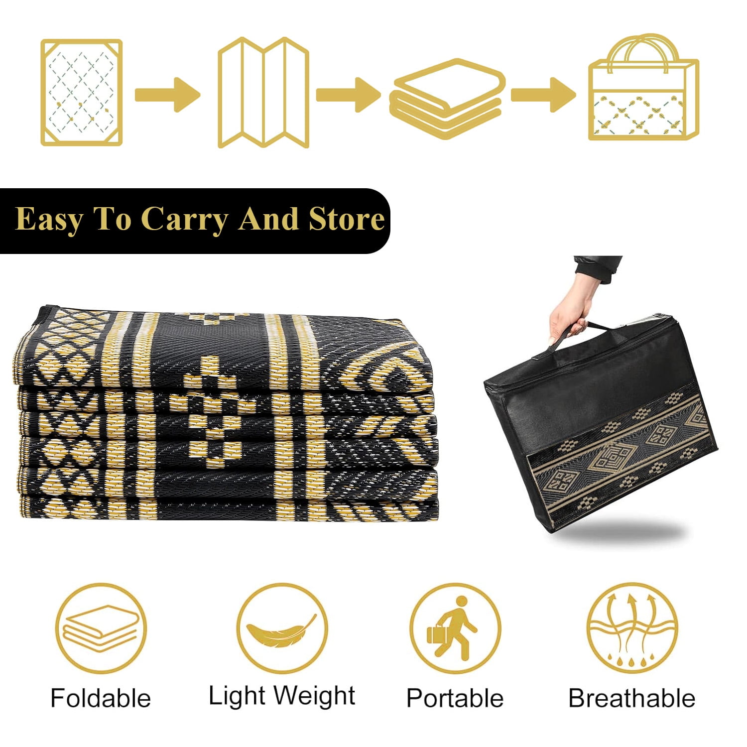 6'x9' Outdoor Rugs, Yamaziot Waterproof Plastic Patio Rug, Reversible Outdoor Mats for RV Camping Picnic Garden Backyard Balcony Porch Beach, Black