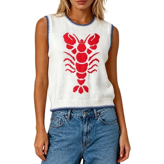 Women's Sweaters Exquisite Lobster Print Round Neck Sleeveless Knit Vest Soft Cozy Autumn Winter Casual Sweater Top