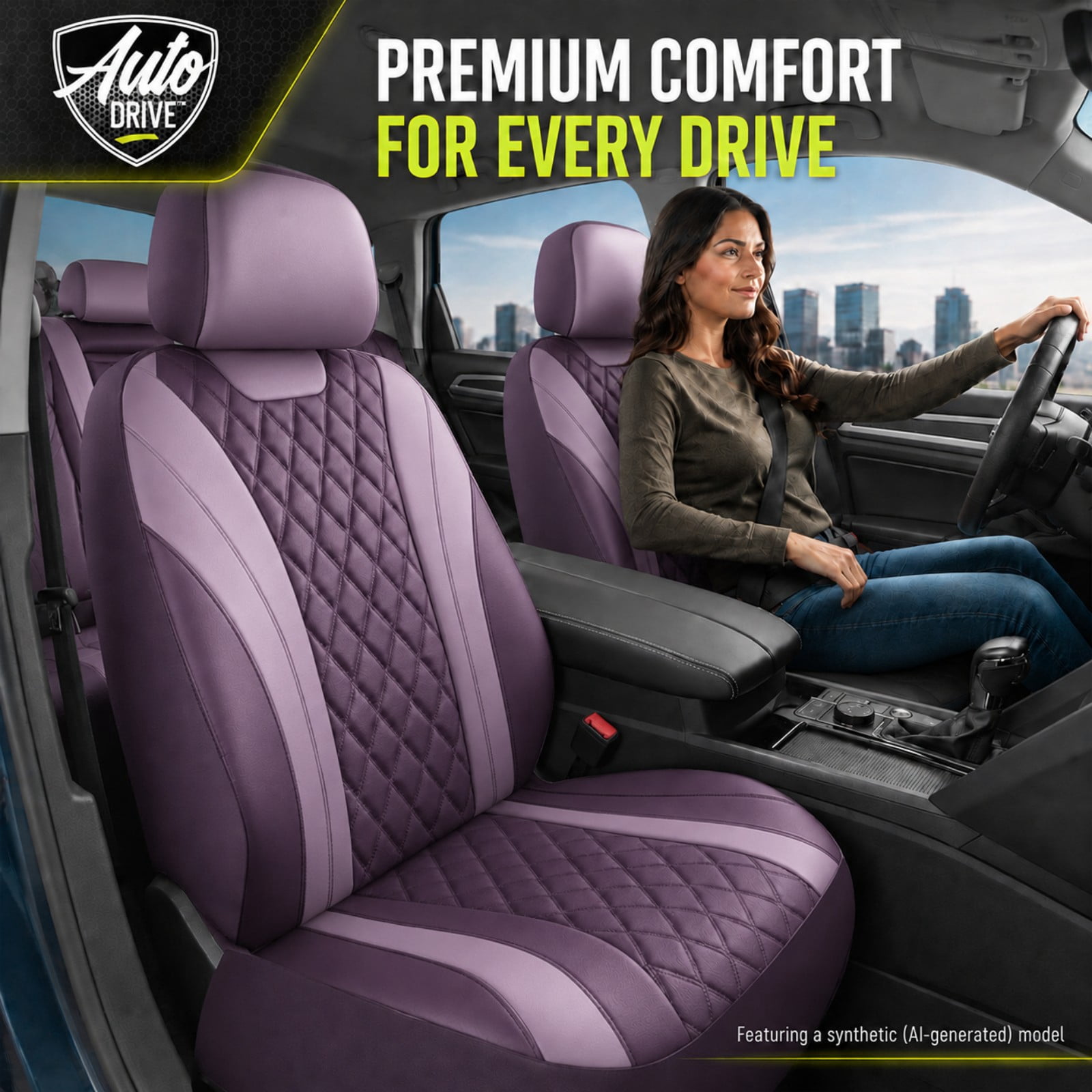 Auto Drive Car Seat Covers, Diamond Quilted Two-Tone Car Seat Covers Set, Universal Fit for Two Front Seats, Airbag Compatible for Cars, SUVs and Trucks Purple Front Seat