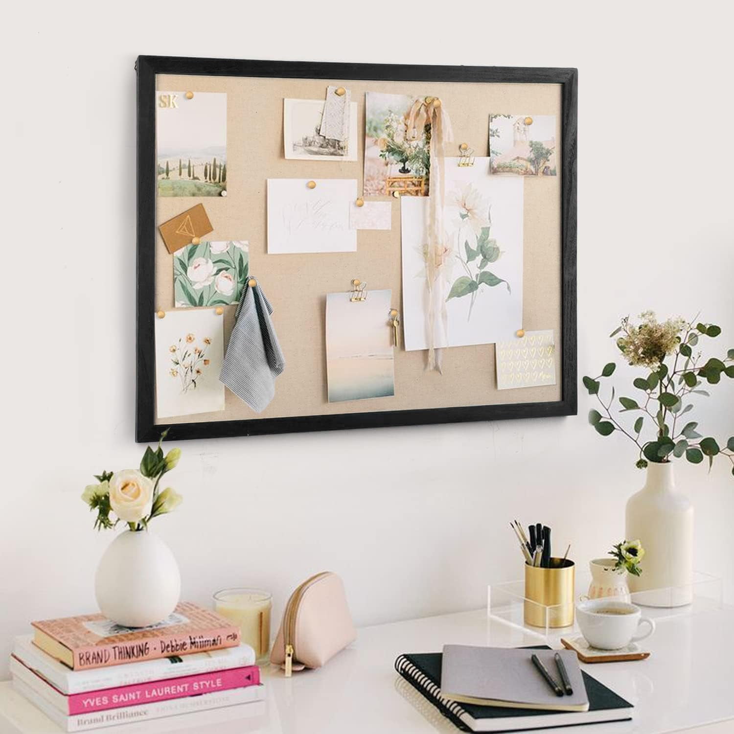 Large Bulletin Board 23x18 inch with Linen Wood Boards Wall Decor Hanging Pin Wood Framed Display Bulletin Cork Photo Picture Board Light for Room School Office,Black