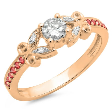 0.50 Carat (ctw) 10K Rose Gold Round Ruby & White Diamond Ladies Bridal Unique Vintage Style Engagement Ring 1/2 CT