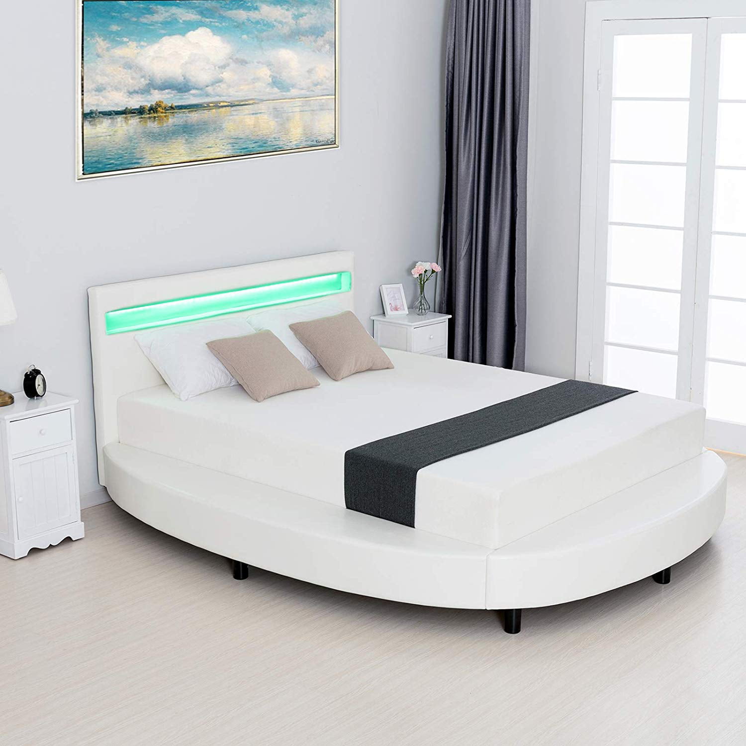 Mecor Modern Upholstered Round Platform, Modern White Leather Headboard Round Bed King Size