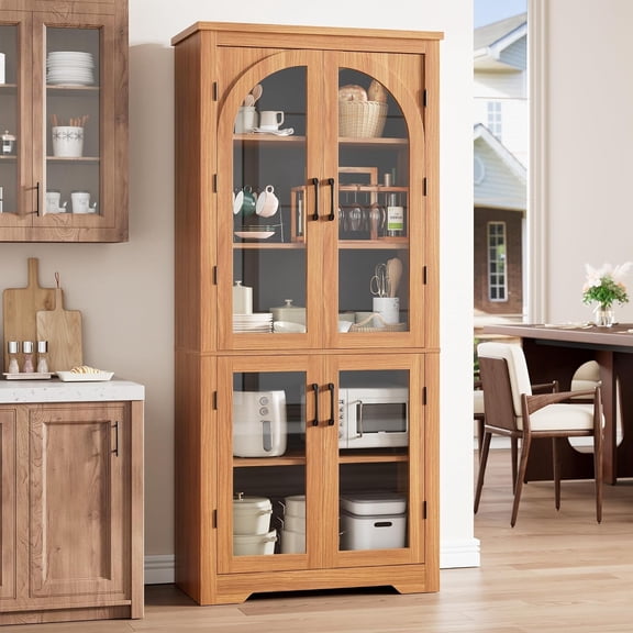 70 Inch Tall Kitchen Pantry Cabinet with Arched Glass Doors, 5-Tier Adjustable Shelves, Freestanding Storage Cupboard for Kitchen, Dining Room, Bathroom,Brown