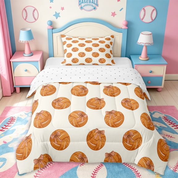 Erosebridal Cartoon Volleyball Print Twin Comforter Sets,Orange Cute Bowknot Bedding Set For Kids Girls,Reversible,2 Pieces