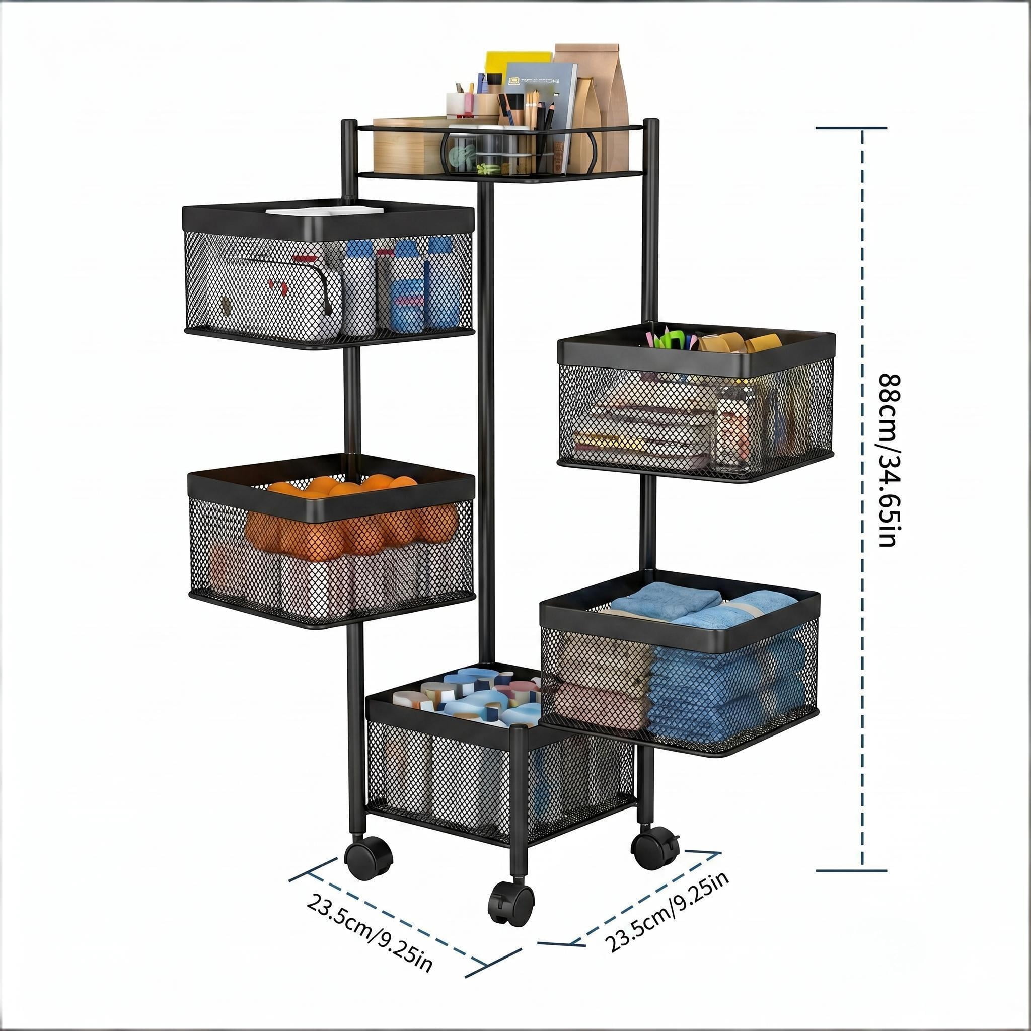 Howcool Square 5-Tier Rotating Kitchen Organizer, Heavy-Duty Metal Rolling Storage Cart with Wheels