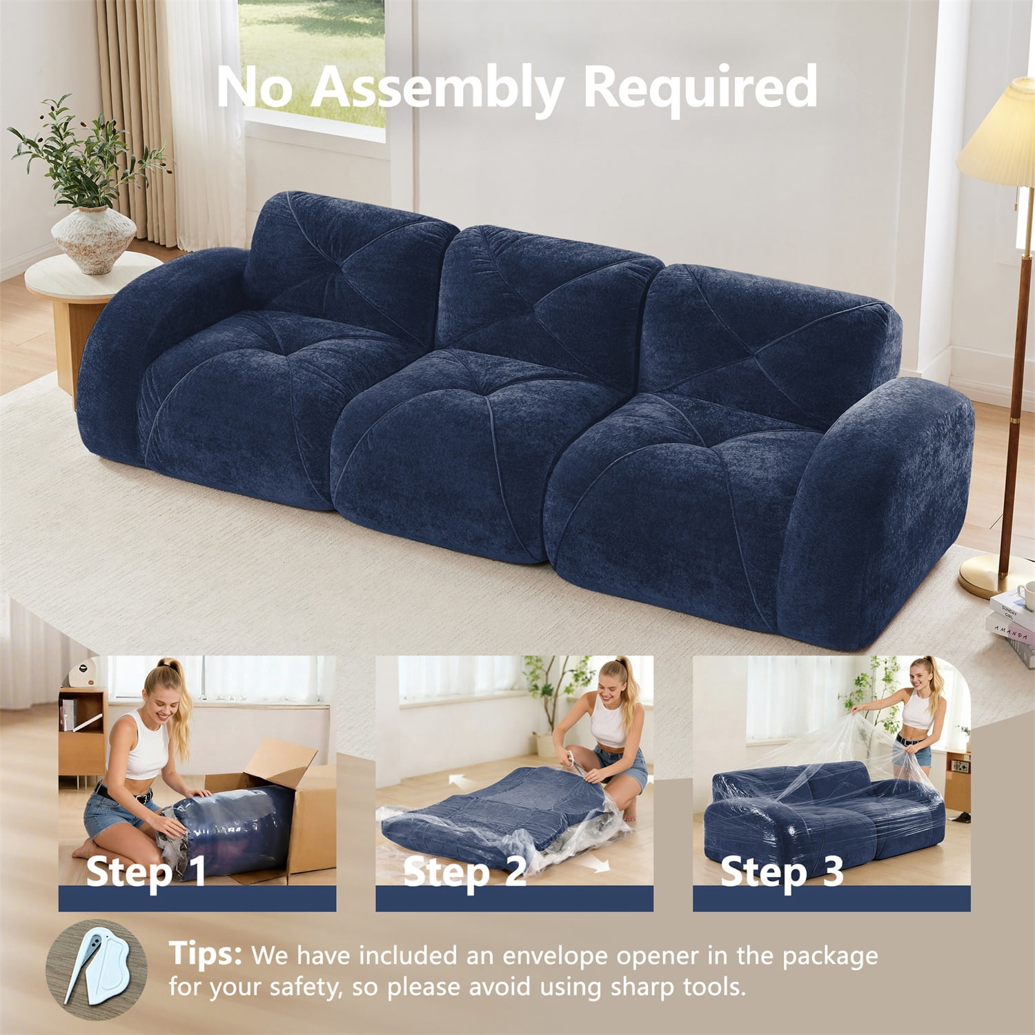 Hommoo 110" Boneless Sofa With Tufted, Luxruious Velvet Fabric Modular Sectional Sofa Couches, for Living Room Apartment, Blue