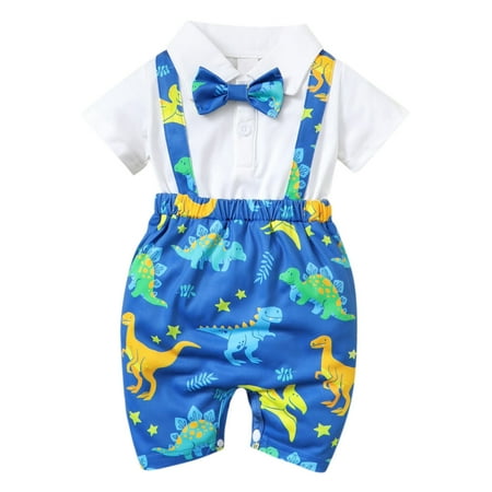 

HIBRO Toddler Boys Short Sleeve Dinosaur Prints Pullover Romper Gentleman Jumpsuit Denim Romper Baby Boy 6 Boy