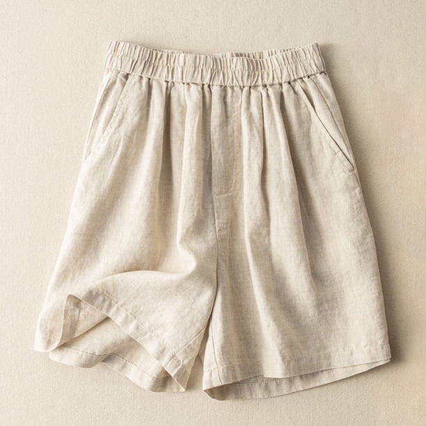 ICHUANYI Clearance Womens Summer Solid Color Leisure Pocket Pants Casual Elastic Waist Cotton And Linen Shorts(Beige, XXL) ICHUANYI WER2023081510563