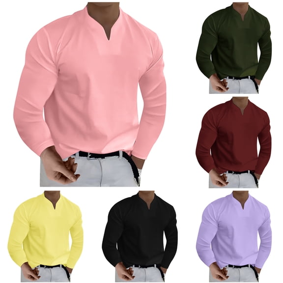 Men's Long Sleeve Shirts Chest Pocket V Neck T Shirt Casual T Shirts for Men Fall Layering Tops Classic Shirts Purple 4XL