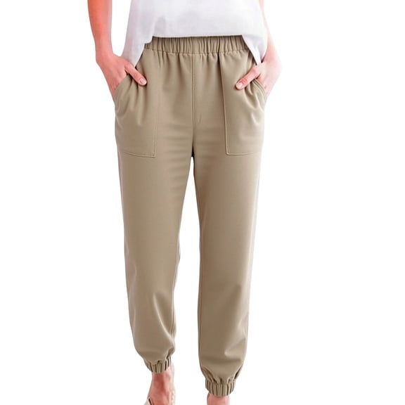 Likimi Womens Pants With Pockets High Waist Solid Color Straight Leg Casual Comfort Trousers Khaki Size S