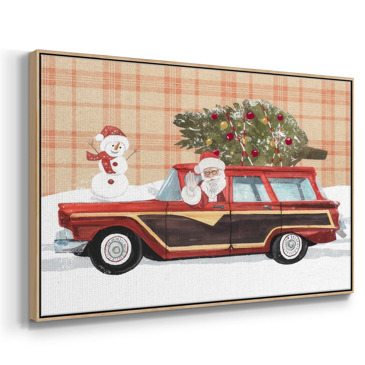 Santa on Wheels I - Framed Gallery Wrapped Holiday Canvas - 25 x 37 - Natural Wood Frame