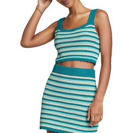 

Genuiskids Women Summer Knitted Bodycon Skirt Set Leisure Colorful Stripes Flower Pattern U-neck Sleeveless Lace Camisole High Waist Short Skirt