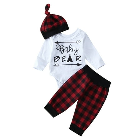 

Qtinghua Christmas Newborn Baby Girl Boy Arrow Baby Bear Long Sleeve Romper Bodysuit+Plaids Pants with Hat Outfits White 6-12 Months