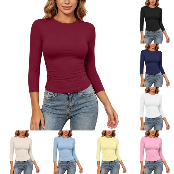 RUTAYY Women's T-Shirt Solid Color Long Sleeve Cropped Basic Tops Slim Fit Tee Shirts Casual Crew Neck Tops Chic Holiday Tees