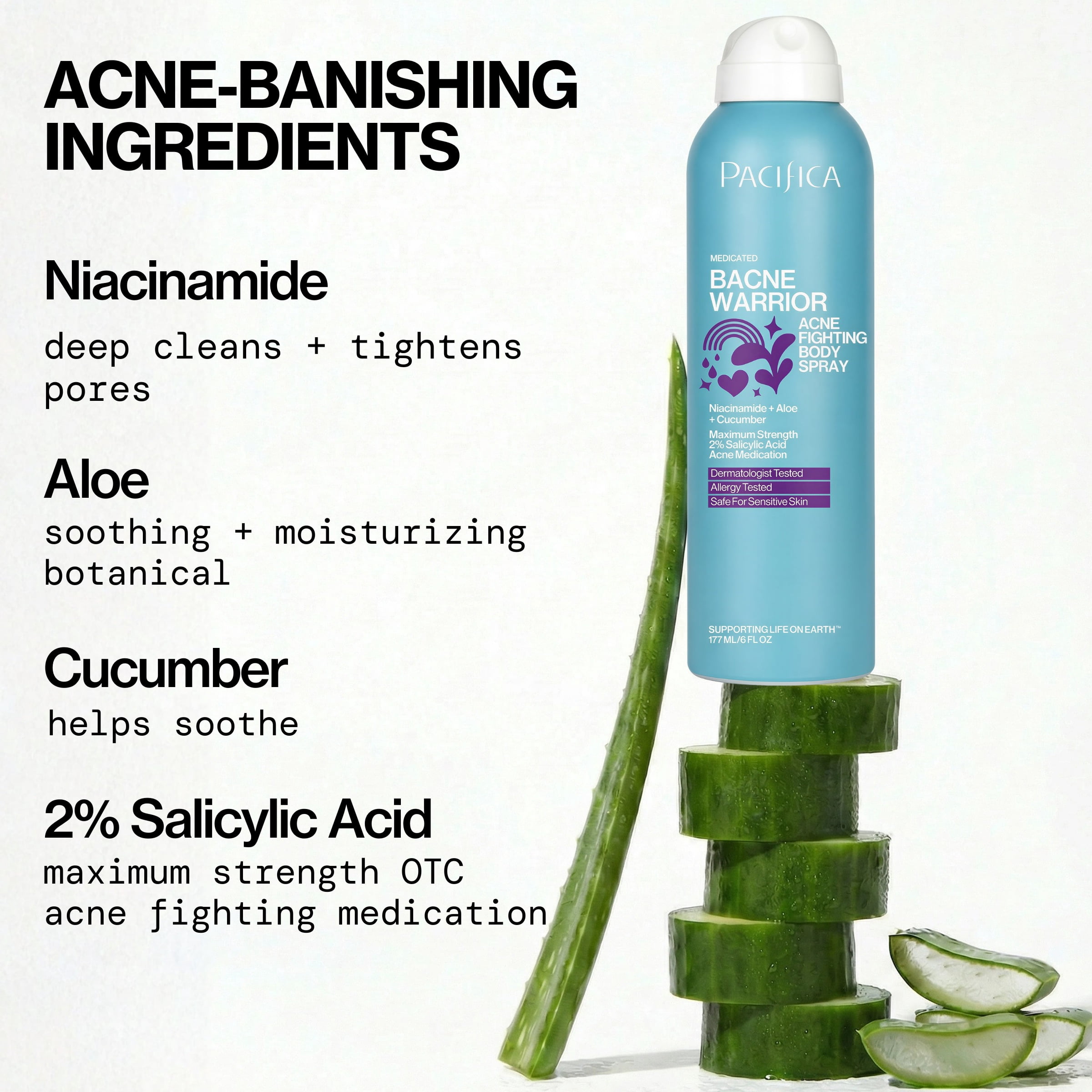 Pacifica Bacne Warrior 2% Salicylic Acid Acne Fighting Body Spray for Unisex, 6 fl oz