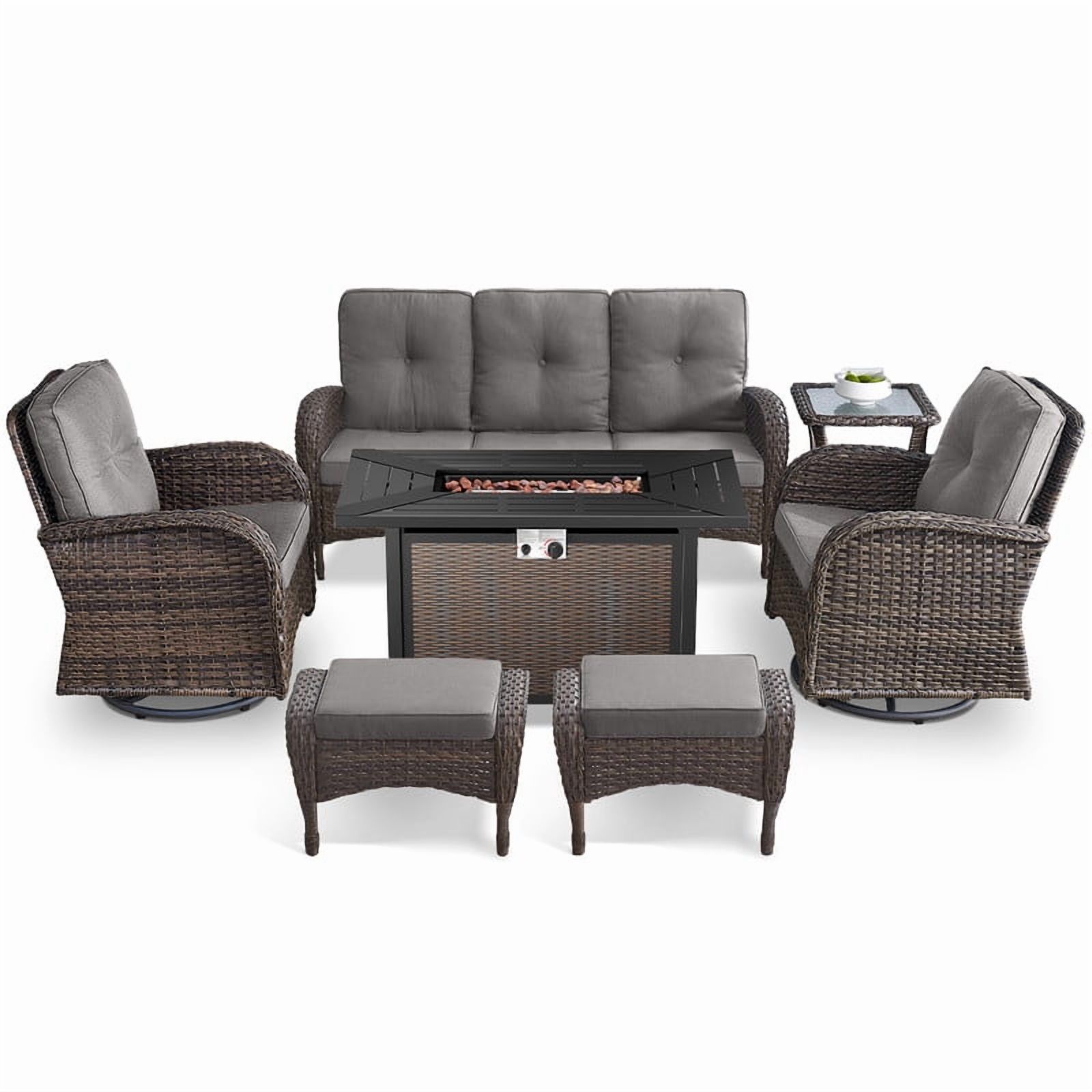Outdoor Sectional Furniture Sets,7PCS Patio Wicker Swivel Rocking Sets with 43" Fire Pit Table,Outdoor Rattan Conversation Set with Ottomans and Side Table,Gray Cushions