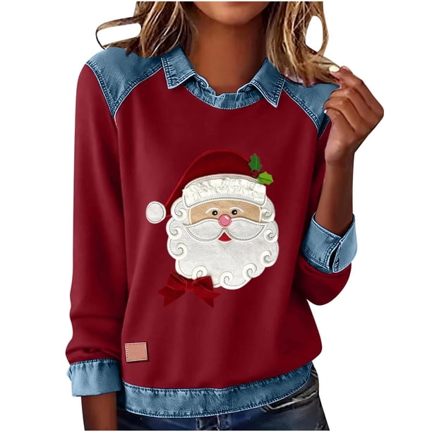 RKSTN Sweatshirt for Women Oversized Lapel Denim Patchwork Stitching Christmas Graphic Print Sweatshirt Top Womens Casual Plus Size Turndown Collared Loose Retro Streetwear Long Sleeve T Shirts
