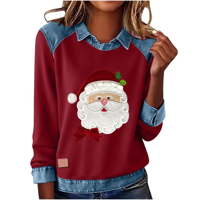 RKSTN Sweatshirt for Women Oversized Lapel Denim Patchwork Stitching Christmas Graphic Print Sweatshirt Top Womens Casual Plus Size Turndown Collared Loose Retro Streetwear Long Sleeve T Shirts