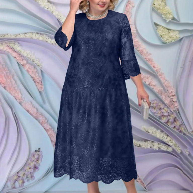 BLTIBY Womens Sequin Dress Lace Embroidery 3/4 Sleeve Round Neck Dresses  Evening Gown Sheer Knee Length Elegant Cocktail Dress Oversized Navy XXL -  Walmart.com