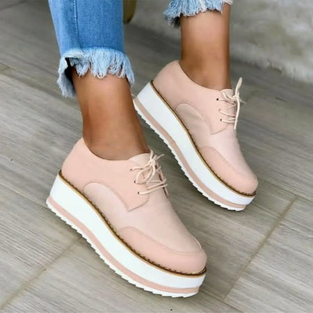 

Mackneog Women Casual Shoes Flat Bottom Thick Soles Platform Middle Heel Round Toe Lace Up Comfortable Solid Color Gift on Clearance