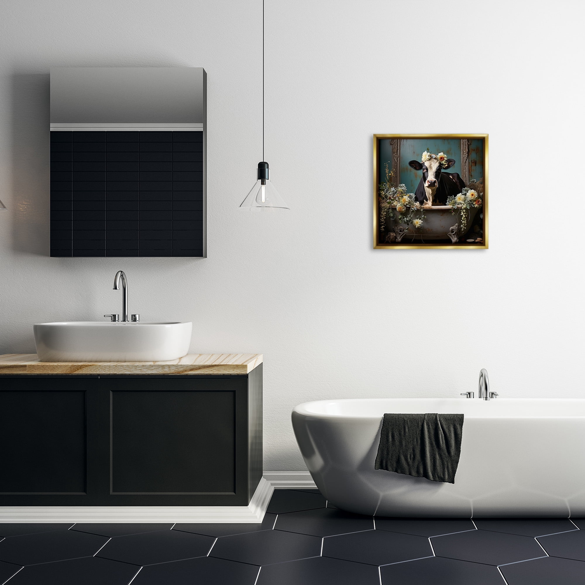 Stupell Industries Vintage Cow in Bathtub Animals & Insects Painting Gold Floater Framed Canvas Art Print Wall Art, 18 x 18