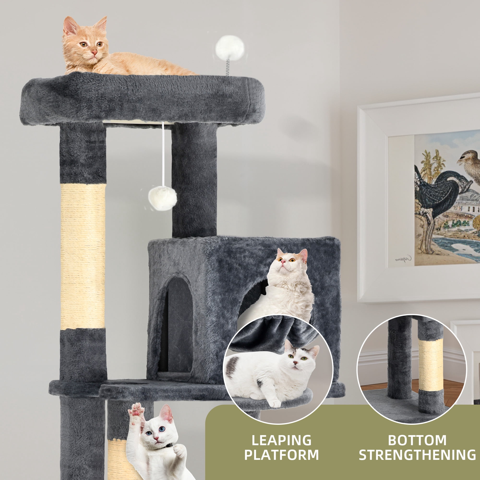 Uforic 70" Cat Tree Condo Multi-Level Tower with  Scratching Posts &Cozy Basket for Indoor  Cats, Dark Gray