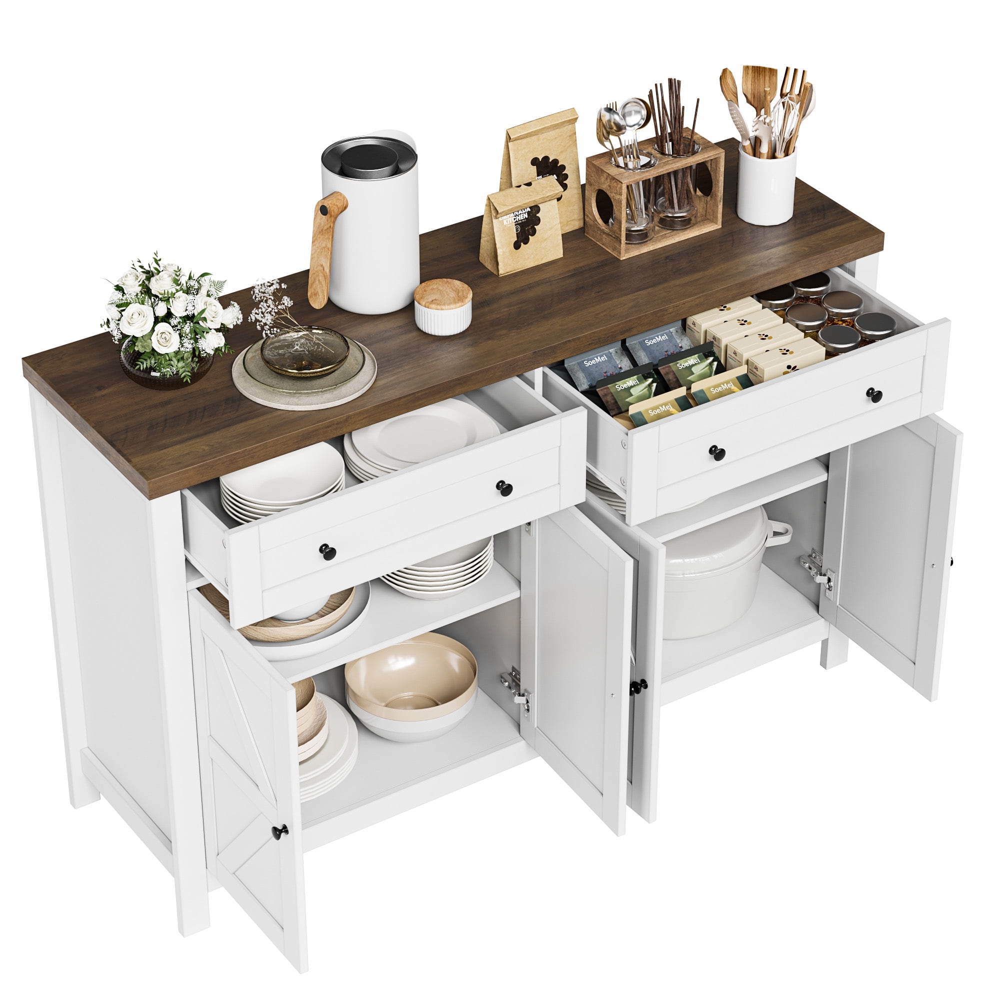 Homfa Farmhouse Kitchen Buffet Storage Cabinet, 4-Doors 2 Large Drawer Wood Sideboard Credenza with Adjustable Shelves, White-Brown