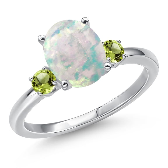 Gem Stone King 14K White Gold Simulated White Opal and Green Peridot Engagement Ring for Women | 1.94 Cttw | Oval Cabochon 10X8MM | Gemstone October Birthstone | Size 7