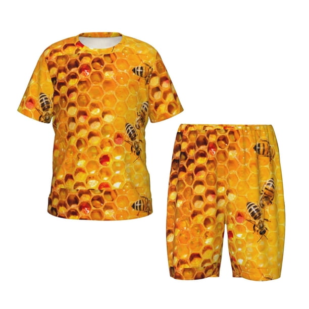 Balery Bees on Hive Honeycomb Conjunto de Pijama Infantil de Manga Corta con Estampado – Ropa de Dormir de Algodón Suave-Medium