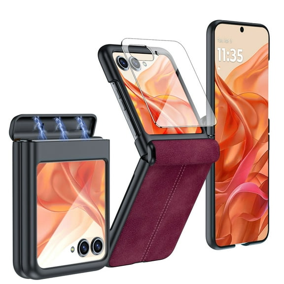 Yosen For Motorola Razr 2025 Case, with Built-in Screen Protector & Hinge Protection & Ultra Thin PU Leather Matte PC Shockproof Phone Cover Smartphone Case for Moto Razr 2025(Red)