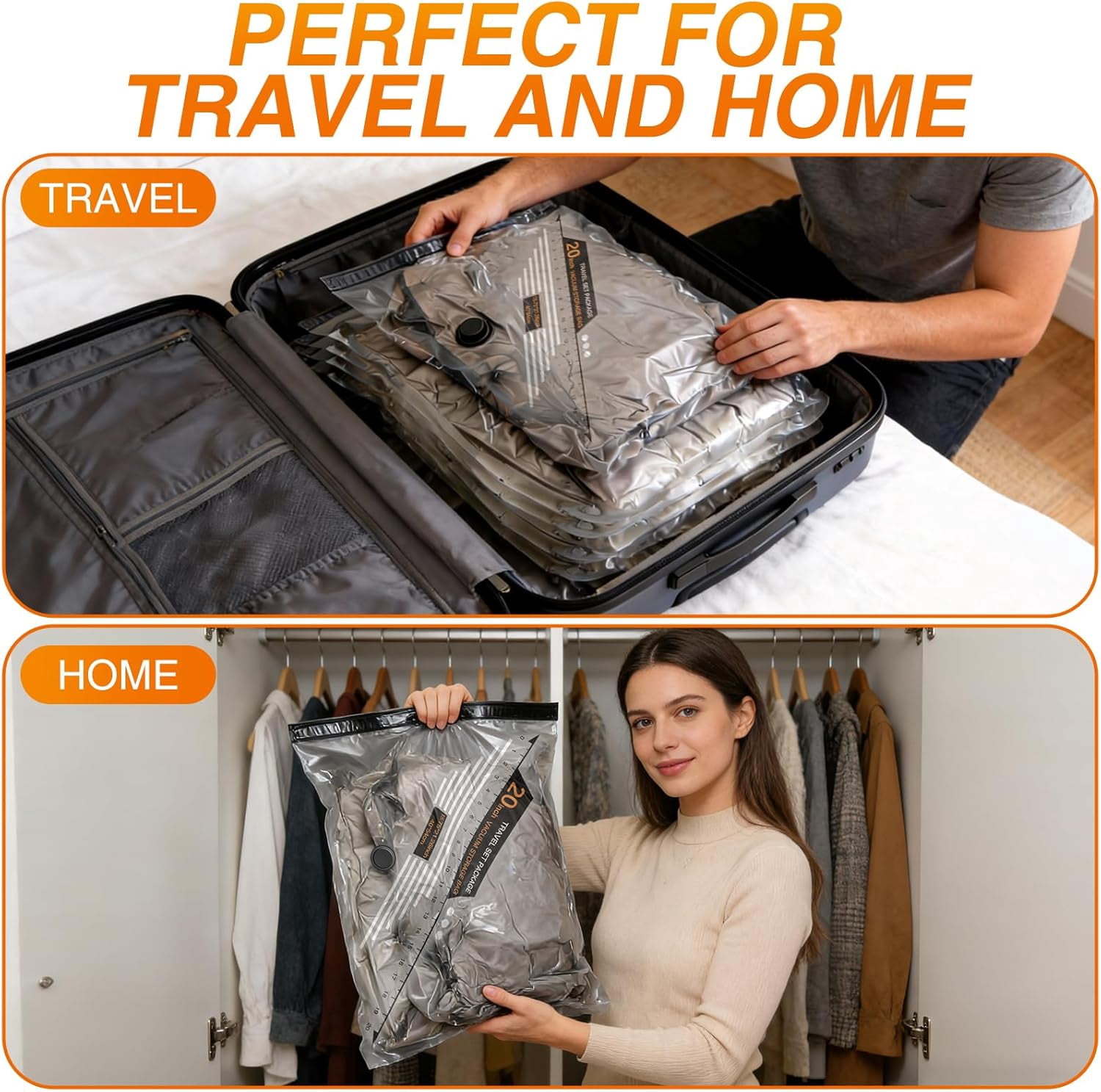 Travel Vacuum Bags with Cordless Electric Pump, 12 Pack Space Saver Storage Bags, Seal for Clothing, Compression Packing Cubes Luggage Suitcase
