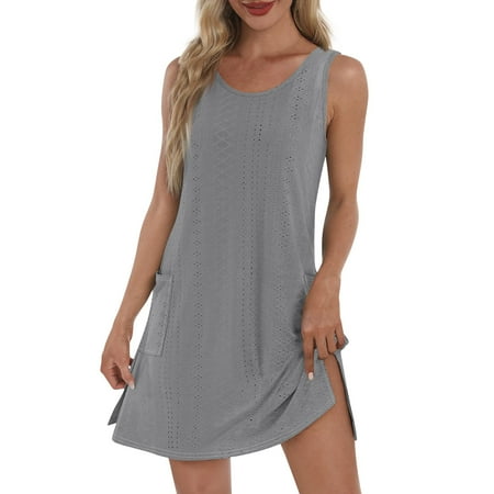 UoCefik Womens Swimsuit Coverup Hollow Out Bathing Suit Cover Up Sleeveless Bikini Beach Cover Up Tank Dress Gray L
