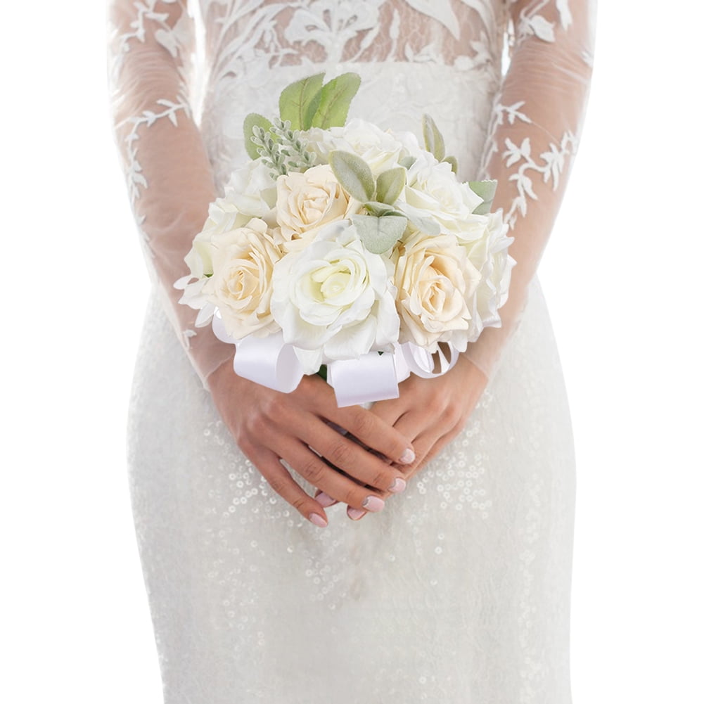 HUONA Rose Bridal Bouquet Bride Bouquet Simulated Rose Flowers Artificial Rose Bouquet Wedding Bouquet for Bride and Bridesmaid Wedding Photos Honeymoon Travel Holiday Gifts White- Light Golden