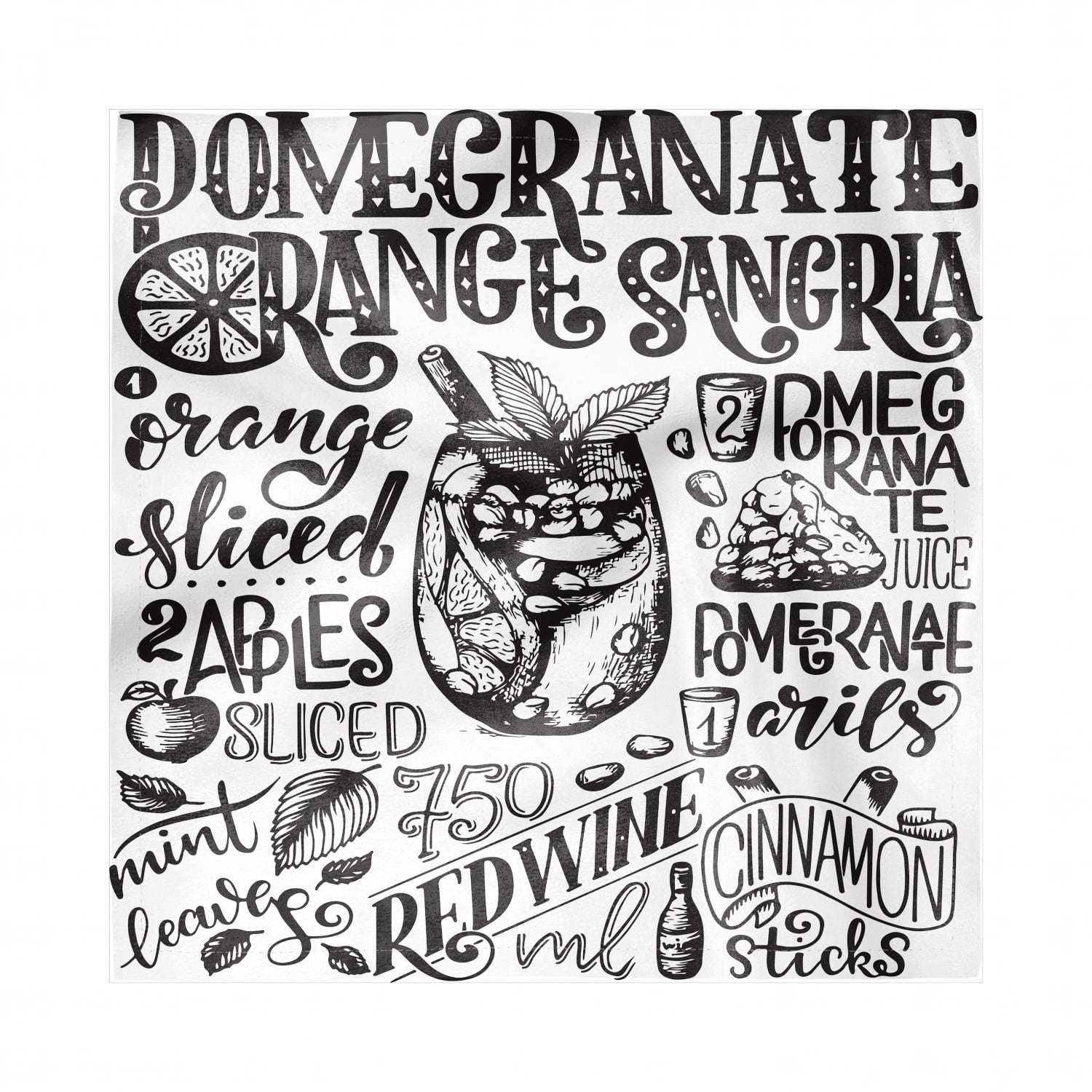 Cocktail Party Decorative Satin Napkins Set of 4, Sketch Pomegranate