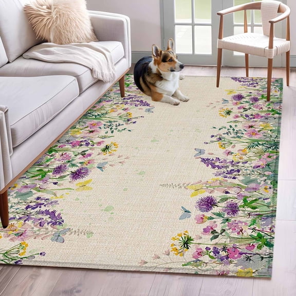 3'x5' Rug for Living Room Bedroom, Spring Purple Floral Washable Area Rugs Non-Slip Carpet Mats, Rustic Flowers Botanical Vintage Indoor Low Pile Area Rug Runner for Kitchen, Mudroom