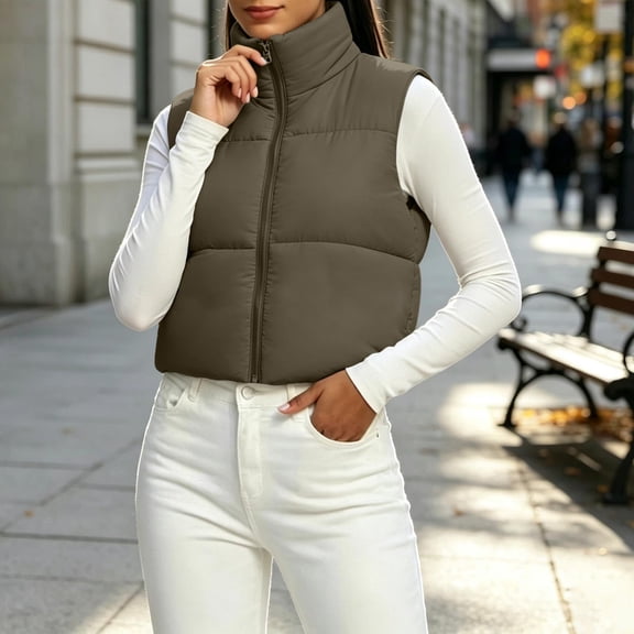Zylanna Women's Cropped Puffer Vest, Sleeveless Stand Collar Lightweight Full Zip Quilted Warm Outerwear Layering Gilet Army Green