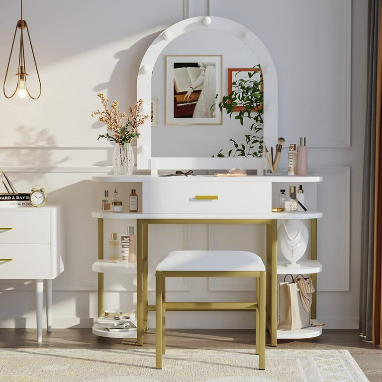 ZXNYH White Vanity Mirror with Lights and Table Set with Drawers