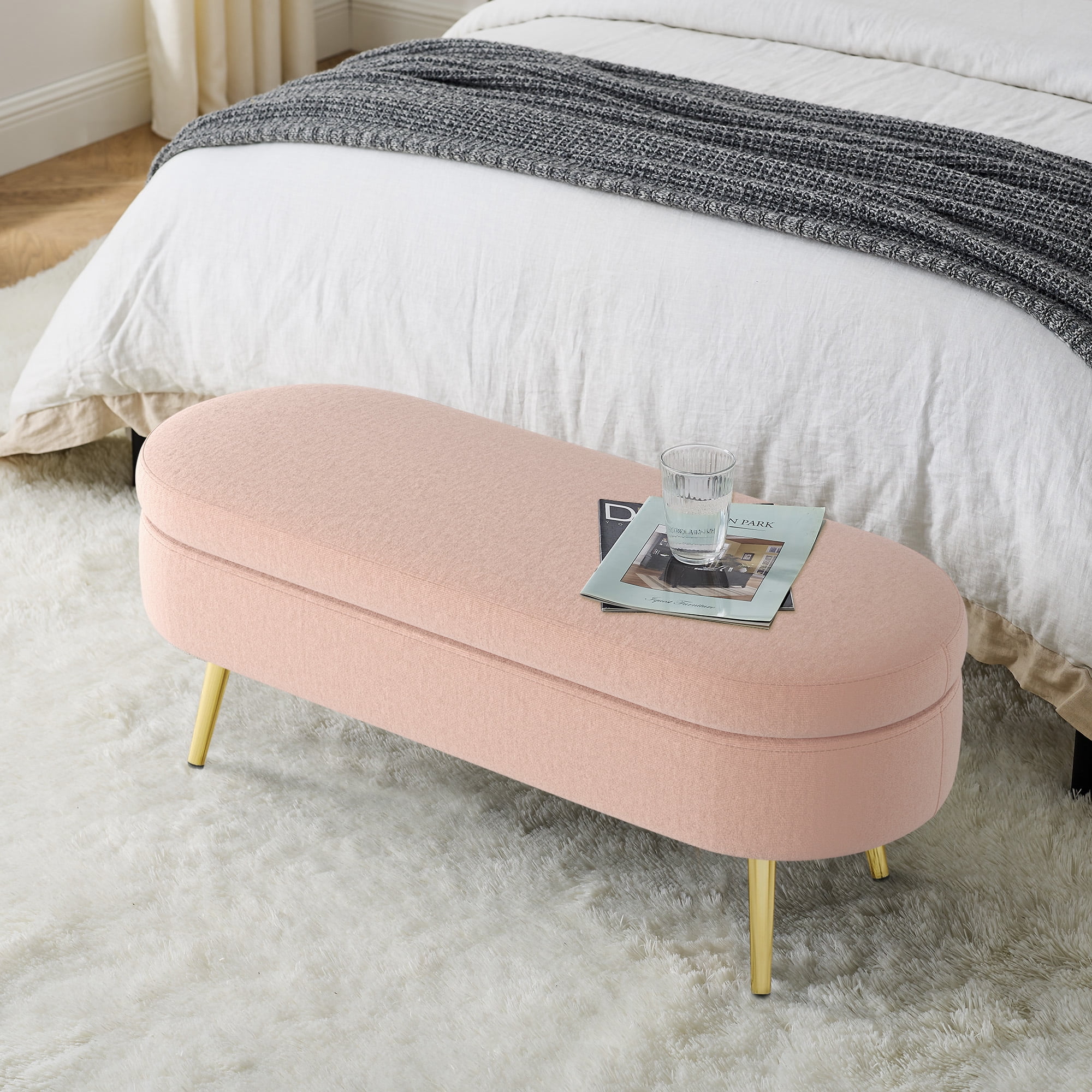 Ottoman Oval Storage Bench, Flannel with Metal Legs-Pink(43.5"x16"x16")