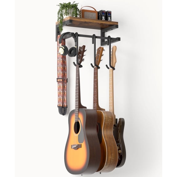 Olakee Guitar Wall Hangers with Mounting Kit — Dual-Twist Hook, Heavy-Duty Steel & Wood Shelf, 3-in-1 Display System, 44lb Capacity