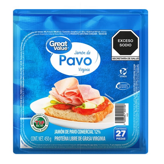 Jamón de pavo Great Value tipo virginia 450 g