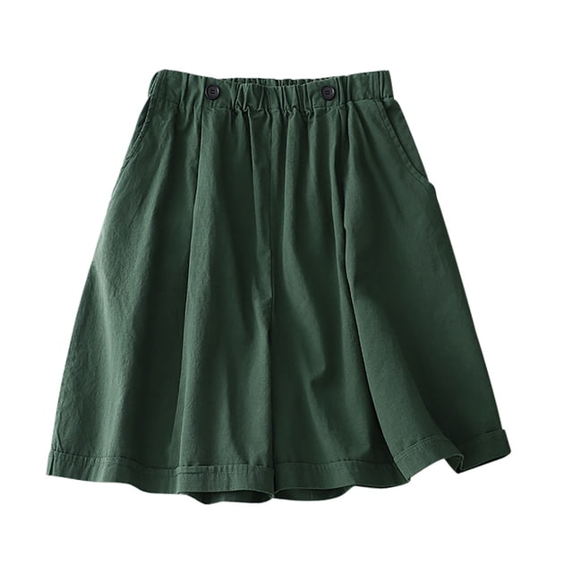 Timegard Shorts for Women Cotton Linen Elastic Waist Button Wide Leg Ruched Causal Loose Shorts Summer