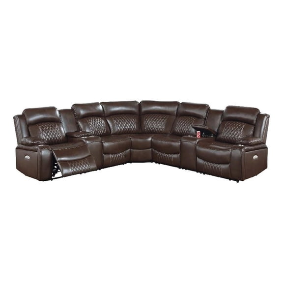 Ina Power Sectional Recliner L Shape Sofa- Console- Brown Faux Leather