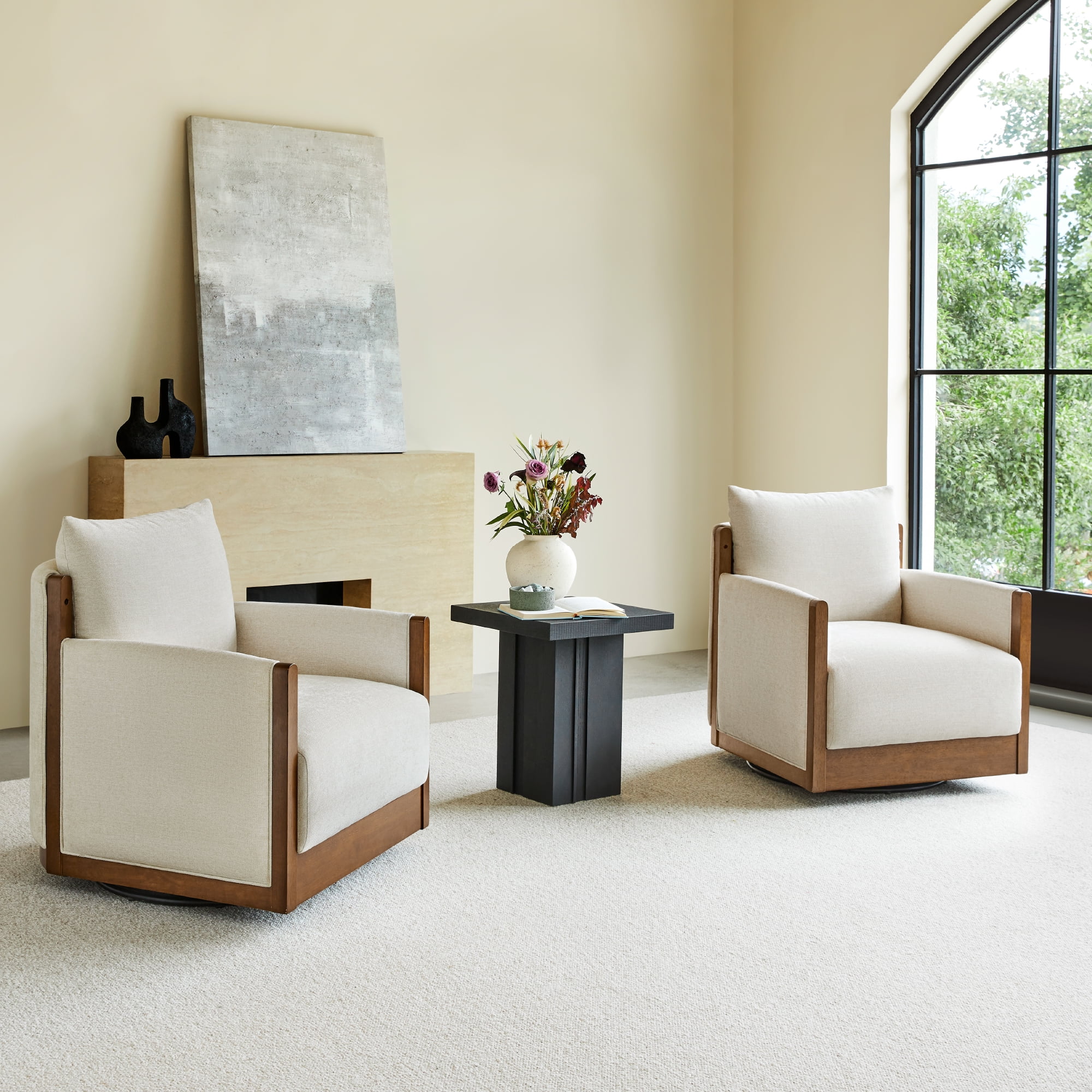 Spruce & Spring Mid-Century Modern Swivel Accent Chair with Curved Back and Upholstered Arms Single, Linen&Walnut